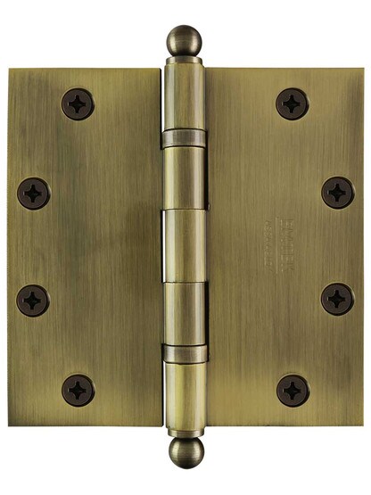5 inch Solid Brass Ball-Bearing Door Hinge with Ball Tips in Antique Brass.